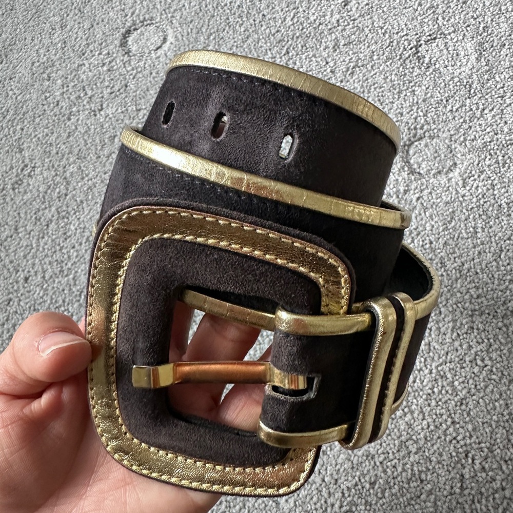 Vtg Escada black and gold wide belt Suede leather west Germany 36 ca 1990s